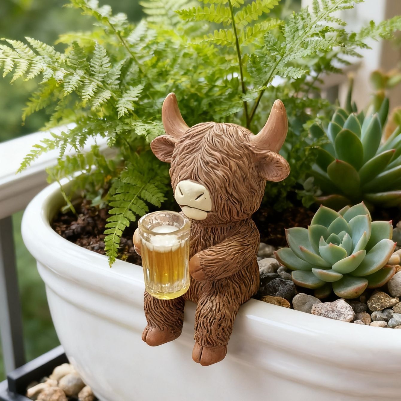 Grappige HighlandS koe beeldje - Wine Beer Garden recensie en prijs